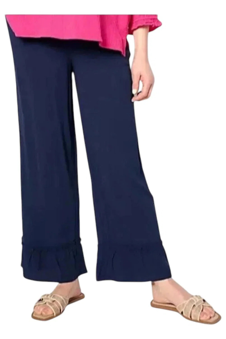 Denim & Co. Women's Beach Woven Crepe Ruffled Hem Beach Pant Navy - Tall